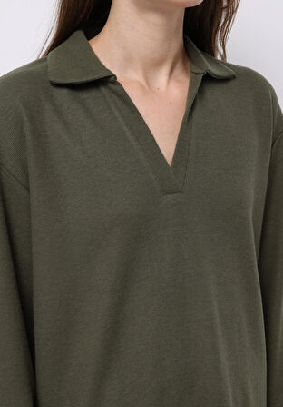 Regular Fit Polo Yaka Düz Kadın Yeşil Tişört