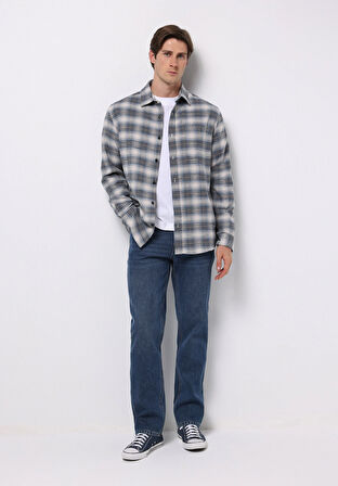 Regular Fit Shirt Neck Ekoseli Erkek Mavi Uzun Kol Gömlek