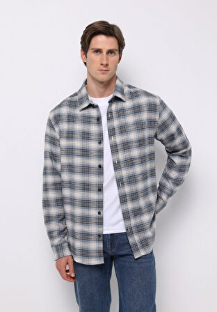 Regular Fit Shirt Neck Ekoseli Erkek Mavi Uzun Kol Gömlek