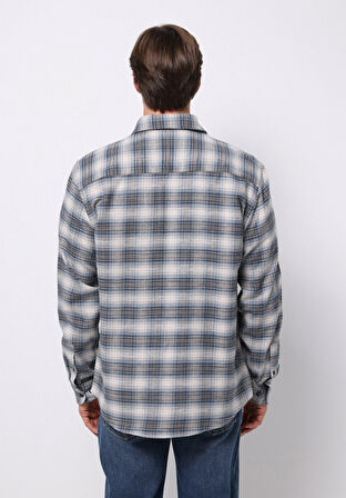 Regular Fit Shirt Neck Ekoseli Erkek Mavi Uzun Kol Gömlek