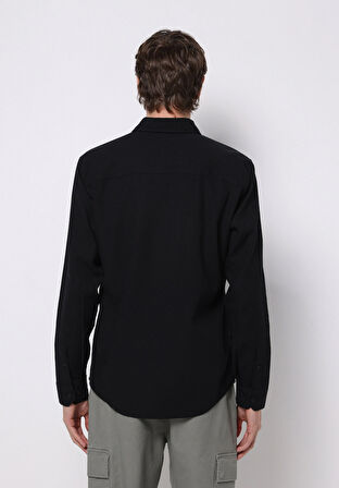 Slim Fit Shirt Neck Ekoseli Erkek Siyah Uzun Kol Gömlek
