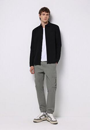 Slim Fit Shirt Neck Ekoseli Erkek Siyah Uzun Kol Gömlek
