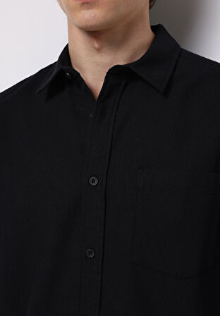 Slim Fit Shirt Neck Ekoseli Erkek Siyah Uzun Kol Gömlek