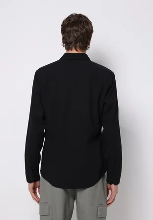 Slim Fit Shirt Neck Ekoseli Erkek Siyah Uzun Kol Gömlek