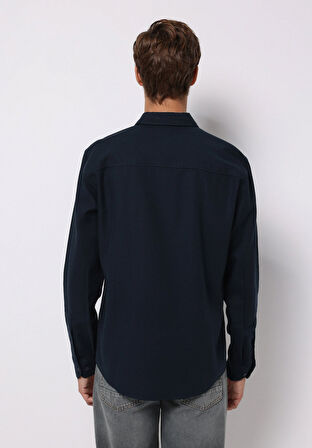 Slim Fit Shirt Neck Ekoseli Erkek Lacivert Uzun Kol Gömlek