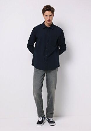 Slim Fit Shirt Neck Ekoseli Erkek Lacivert Uzun Kol Gömlek