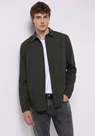 Slim Fit Shirt Neck Ekoseli Erkek Yeşil Uzun Kol Gömlek