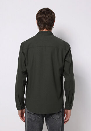 Slim Fit Shirt Neck Ekoseli Erkek Yeşil Uzun Kol Gömlek