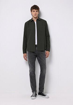 Slim Fit Shirt Neck Ekoseli Erkek Yeşil Uzun Kol Gömlek