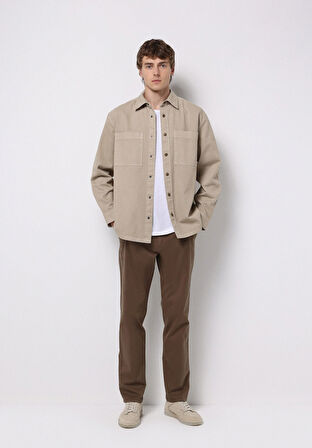 Comfort Fit Shirt Neck Düz Erkek Bej Shacket