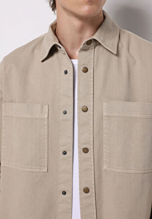 Comfort Fit Shirt Neck Düz Erkek Bej Shacket