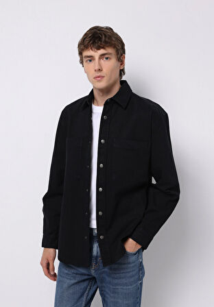 Comfort Fit Shirt Neck Düz Erkek Siyah Shacket