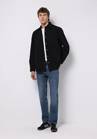 Comfort Fit Shirt Neck Düz Erkek Siyah Shacket