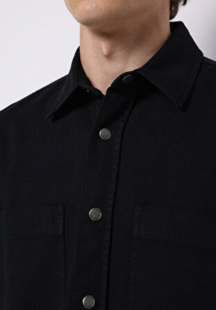 Comfort Fit Shirt Neck Düz Erkek Siyah Shacket