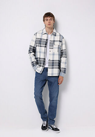 Comfort Fit Shirt Neck Ekoseli Erkek Mavi Shacket