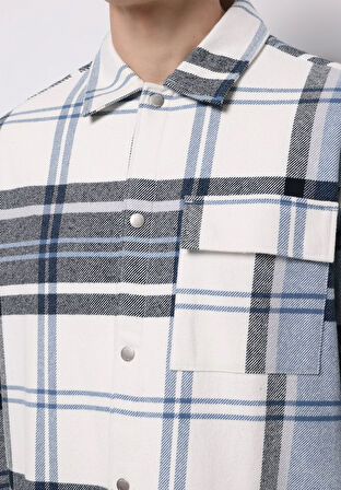 Comfort Fit Shirt Neck Ekoseli Erkek Mavi Shacket