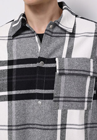 Comfort Fit Shirt Neck Ekoseli Erkek Siyah Shacket