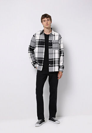 Comfort Fit Shirt Neck Ekoseli Erkek Siyah Shacket