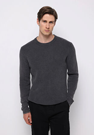 Regular Fit Yuvarlak Yaka Jakarlı Erkek Antrasit Kazak