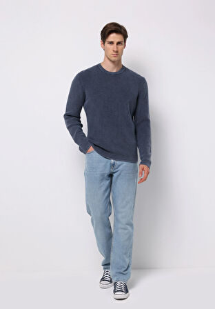 Regular Fit Yuvarlak Yaka Jakarlı Erkek Mavi Kazak