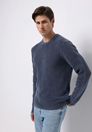 Regular Fit Yuvarlak Yaka Jakarlı Erkek Mavi Kazak
