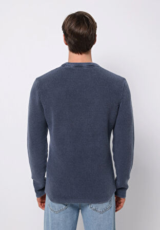 Regular Fit Yuvarlak Yaka Jakarlı Erkek Mavi Kazak