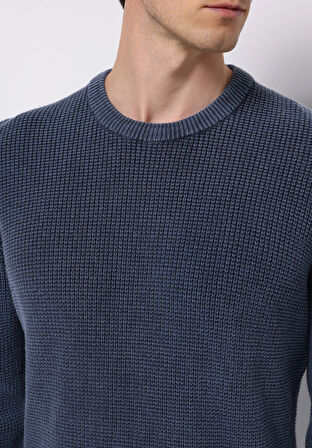 Regular Fit Yuvarlak Yaka Jakarlı Erkek Mavi Kazak