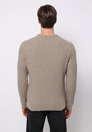 Regular Fit Yuvarlak Yaka Jakarlı Erkek Bej Kazak