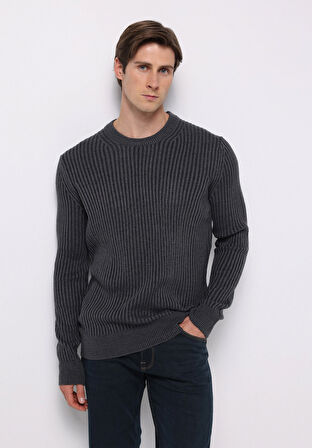 Regular Fit Yuvarlak Yaka Jakarlı Erkek Lacivert Kazak