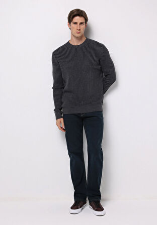 Regular Fit Yuvarlak Yaka Jakarlı Erkek Lacivert Kazak