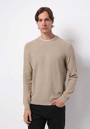 Regular Fit Yuvarlak Yaka Jakarlı Erkek Bej Kazak