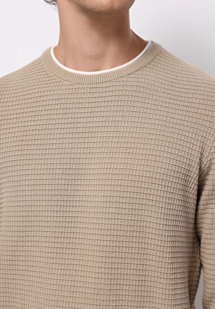 Regular Fit Yuvarlak Yaka Jakarlı Erkek Bej Kazak