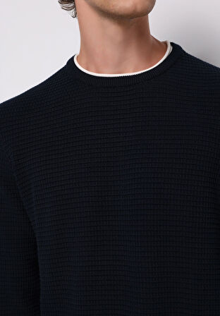 Regular Fit Yuvarlak Yaka Jakarlı Erkek Lacivert Kazak