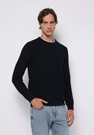 Regular Fit Yuvarlak Yaka Jakarlı Erkek Lacivert Kazak