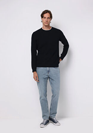 Regular Fit Yuvarlak Yaka Jakarlı Erkek Lacivert Kazak