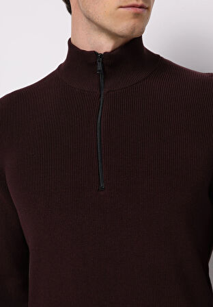 Regular Fit Dik Yaka Jakarlı Erkek Bordo Kazak