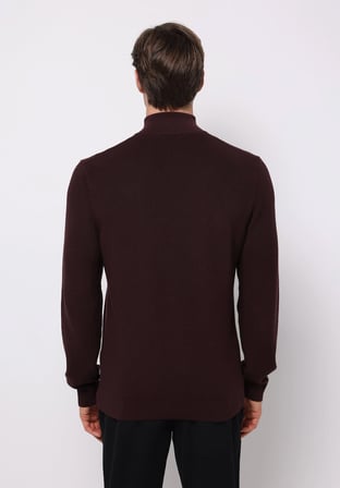 Regular Fit Dik Yaka Jakarlı Erkek Bordo Kazak
