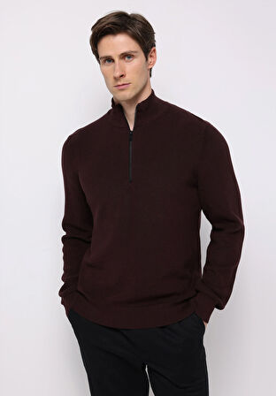 Regular Fit Dik Yaka Jakarlı Erkek Bordo Kazak