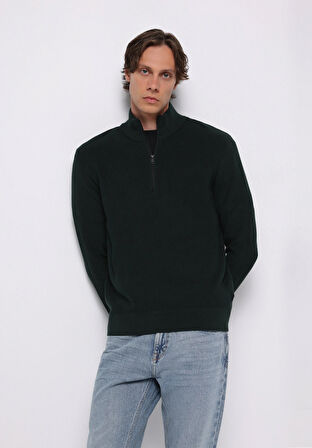 Regular Fit Dik Yaka Jakarlı Erkek Yeşil Kazak