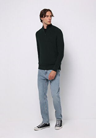 Regular Fit Dik Yaka Jakarlı Erkek Yeşil Kazak