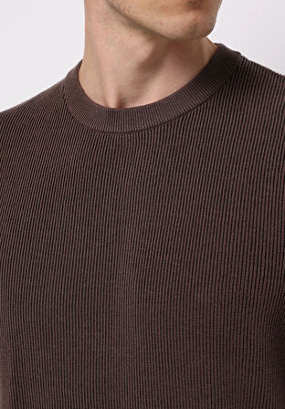 Regular Fit Yuvarlak Yaka Jakarlı Erkek Kahverengi Kazak