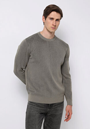 Regular Fit Yuvarlak Yaka Jakarlı Erkek Yeşil Kazak