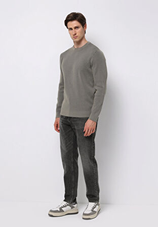 Regular Fit Yuvarlak Yaka Jakarlı Erkek Yeşil Kazak