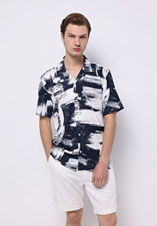 Regular Fit Shirt Neck Baskılı Erkek Lacivert Kısa Kol Gömlek