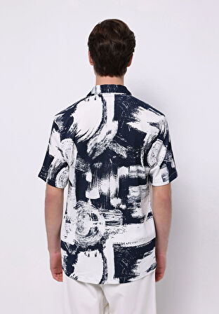 Regular Fit Shirt Neck Baskılı Erkek Lacivert Kısa Kol Gömlek