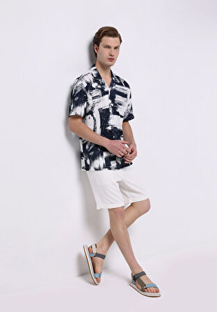 Regular Fit Shirt Neck Baskılı Erkek Lacivert Kısa Kol Gömlek