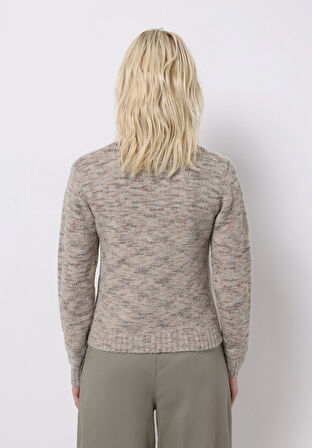 Slim Fit Dik Yaka Düz Kadın Bej Kazak