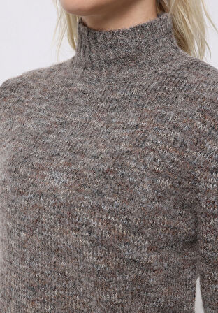 Slim Fit Dik Yaka Düz Kadın Kahverengi Kazak