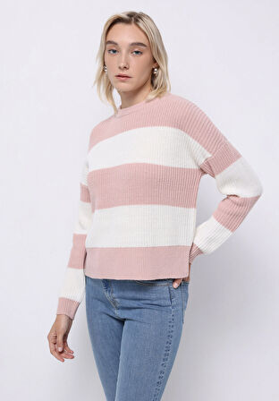 Regular Fit Yuvarlak Yaka Çizgili Kadın Pembe Kazak
