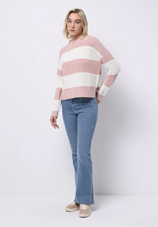 Regular Fit Yuvarlak Yaka Çizgili Kadın Pembe Kazak